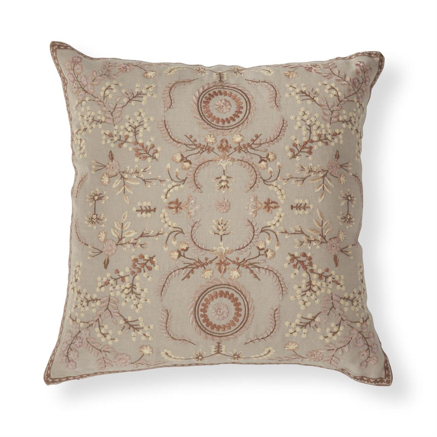 20" Taupe Linen & Brown Embroidered Floral Pillow w/Polly Fiber Fill