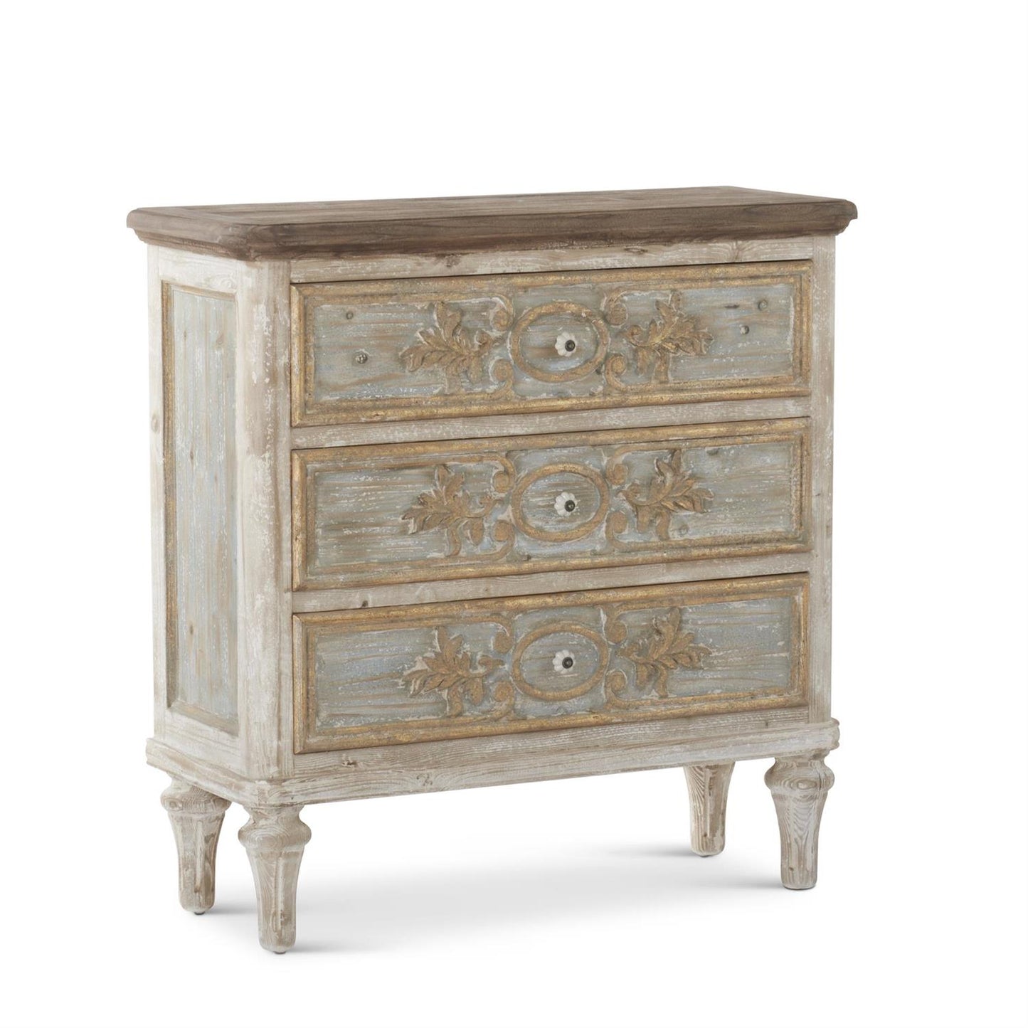 Weathered White Blue & Gold 3 Drawer Chest w/Glass Knobs