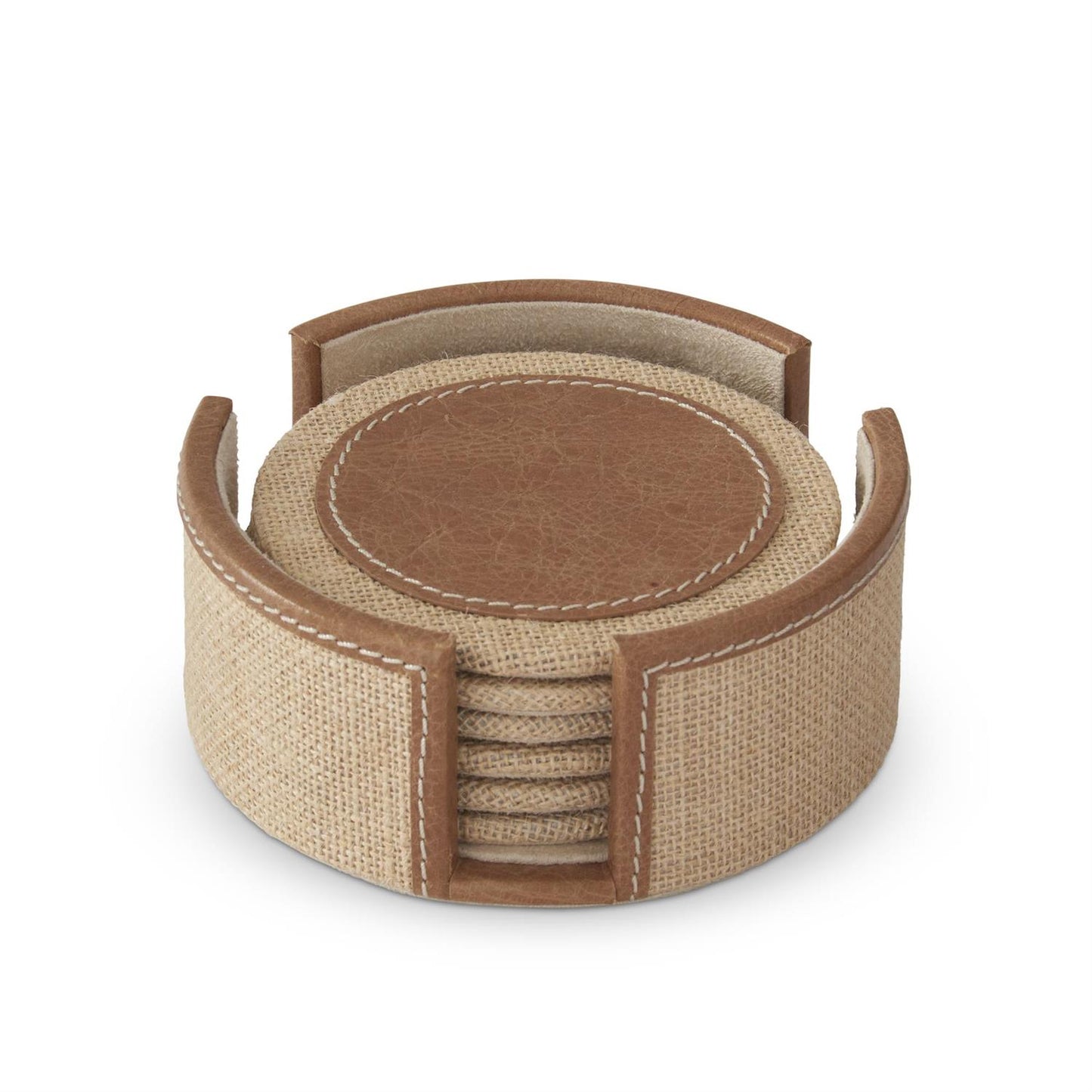 Tan Leather Jute Coasters & Holder S/6