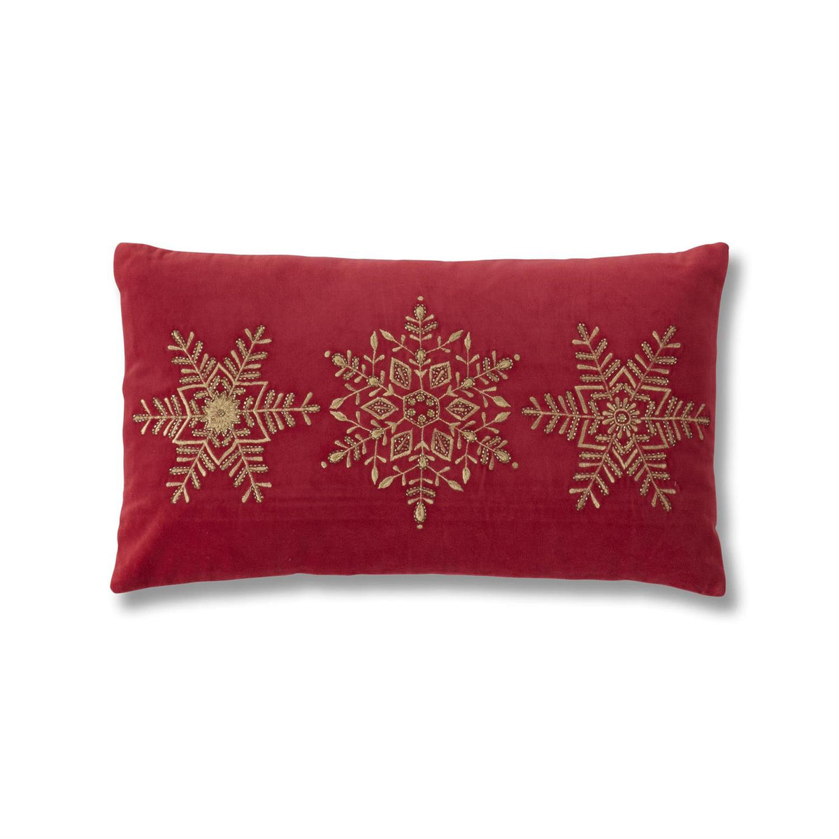 24" GOLD EMBROIDERED & BEADED SNOWFLAKE RED VELVET LUMBAR PILLOW