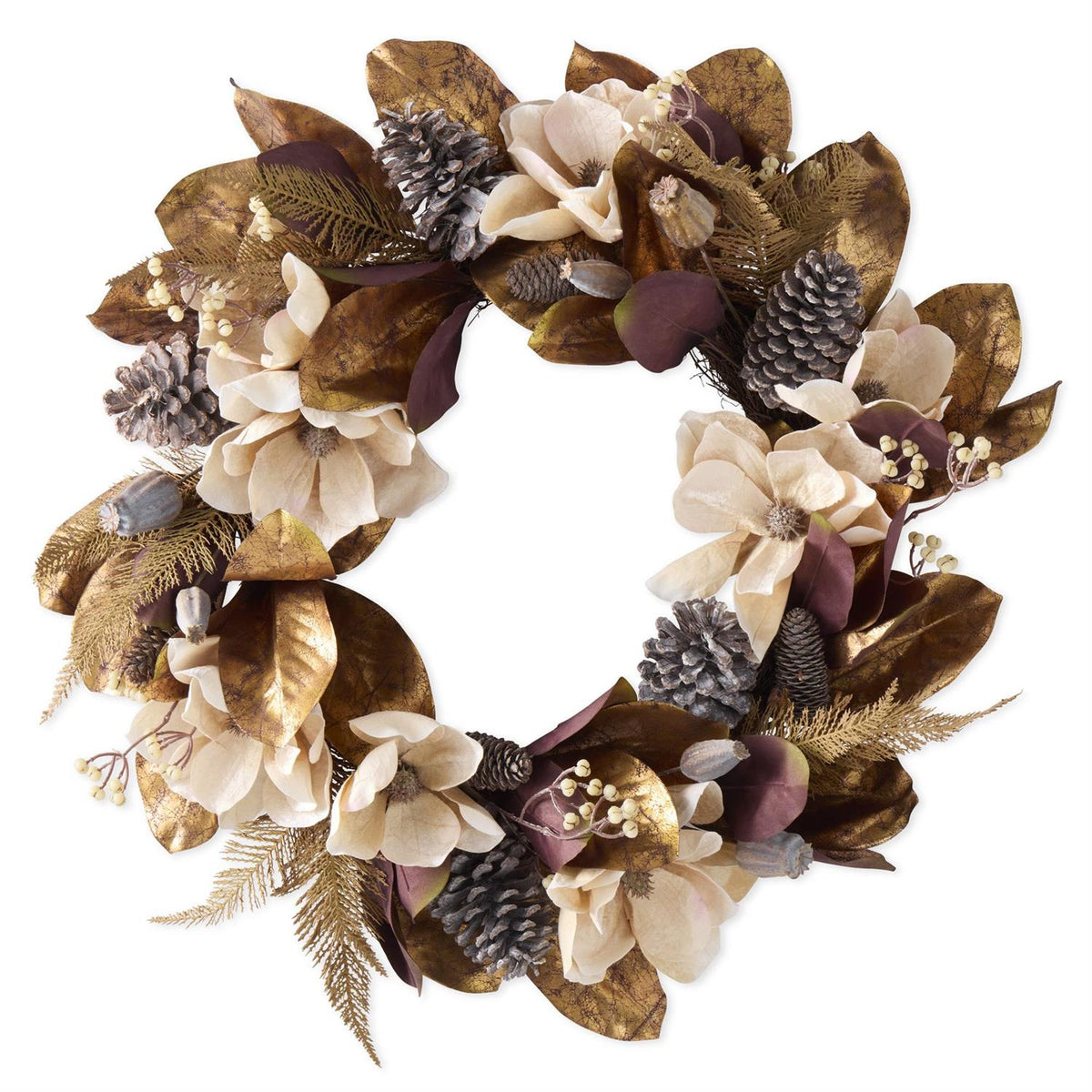 26" MAGNOLIA W/GOLD LEAF & PINECONES WREATH