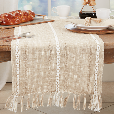 Striped Woven Runner w/ Tassels - Taupe