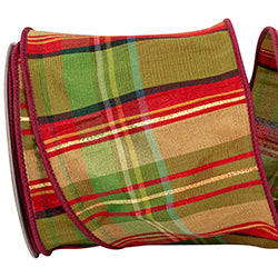 PLAID CRANBERRY METALLIC STRIPE WIRED EDGE RIBBON, Scarlet 4" 5yd