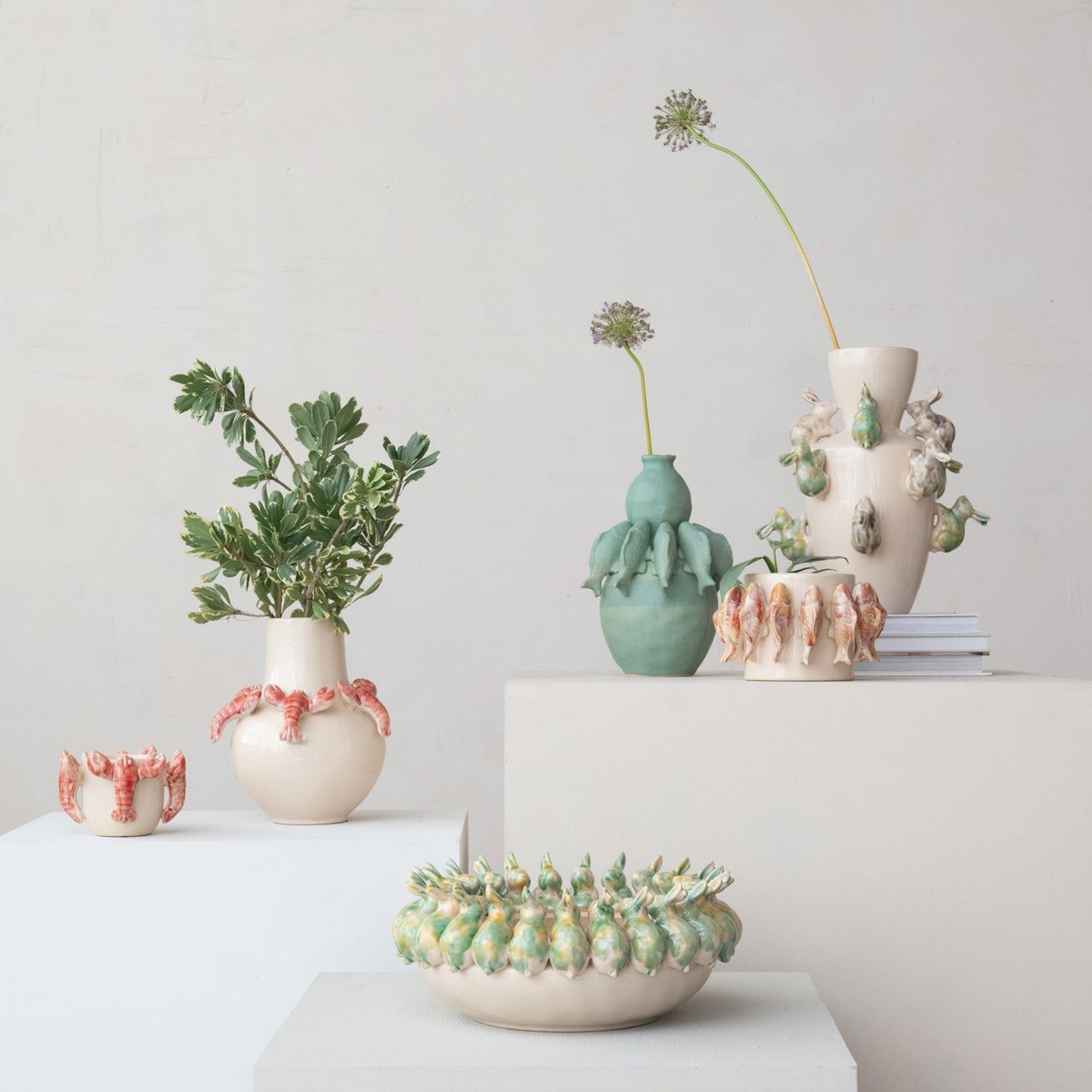 Decorative Stoneware Bowl w/ 3D Rabbits (Each One Will Vary)