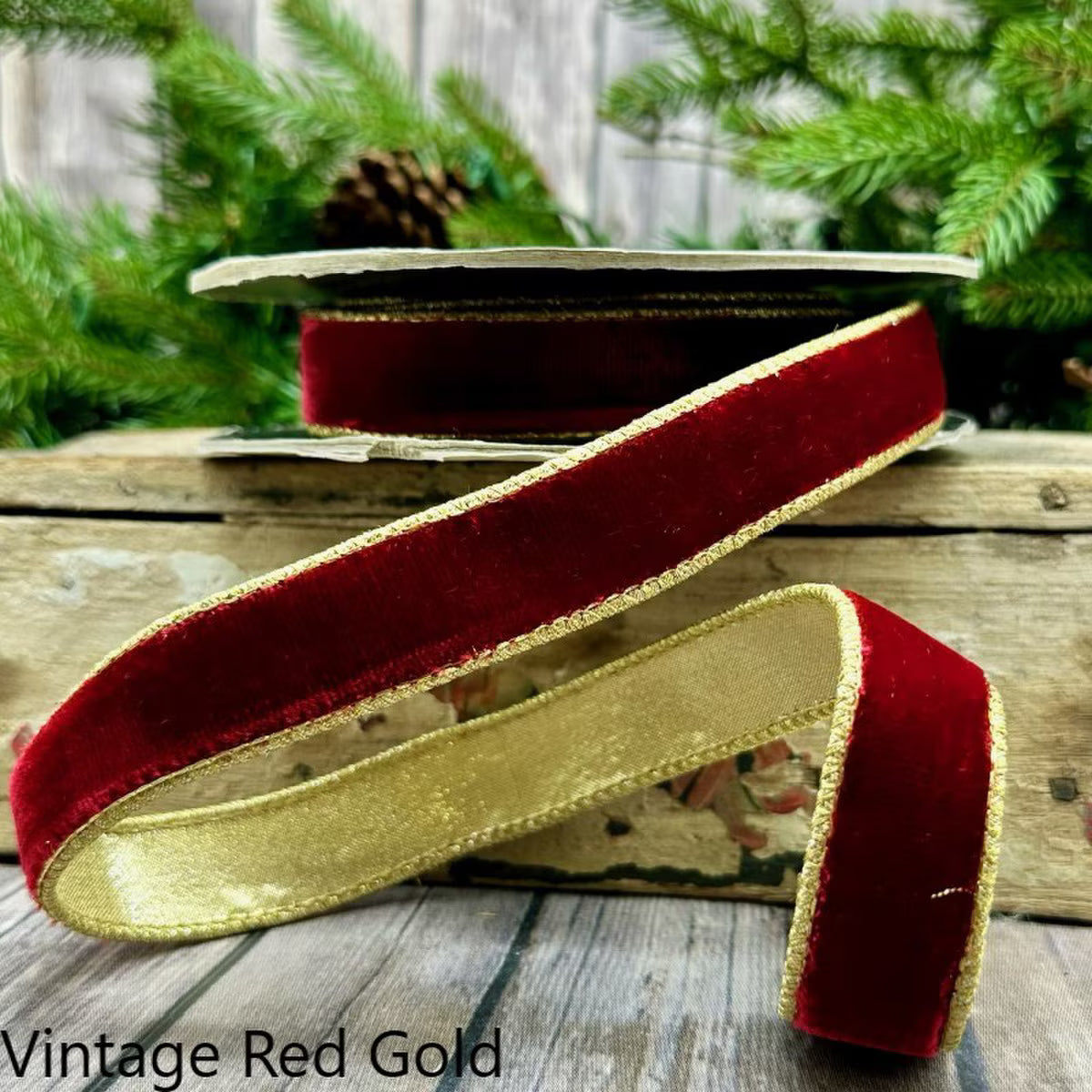 1" x 10yds VP lush velvet metallic light gold back, vintage red