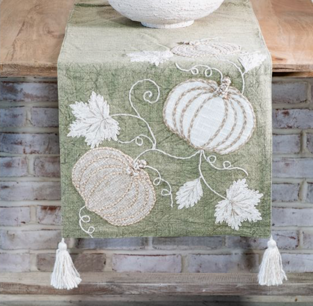 72" AUTUMN PUMPKINS GREEN TABLE RUNNER