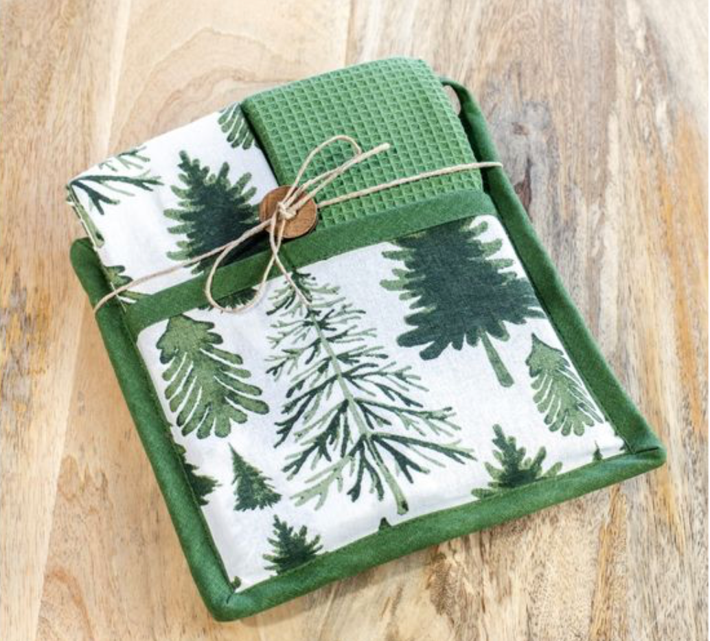 GRN.WHT TREE POTHOLDER TOWEL SET