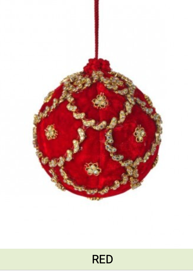 4"JEWELED SCALLOPED VELVET BALL ORNAMENT, Red
