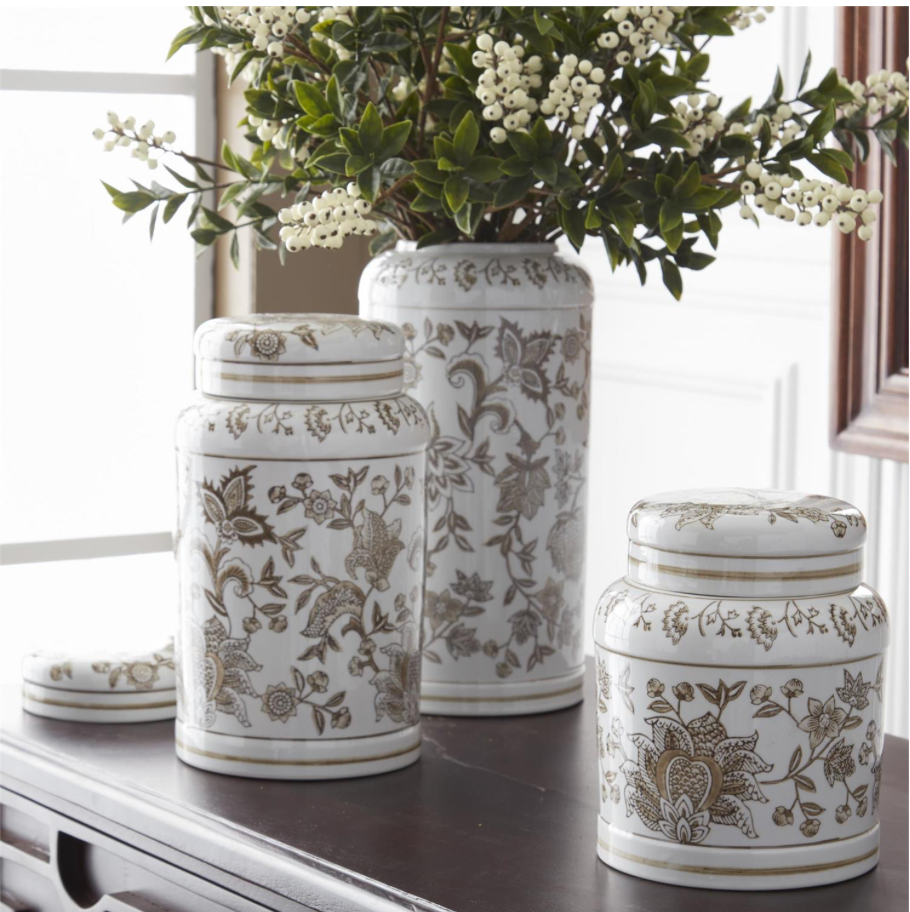 Taupe & White Porcelain Chinoiserie Lidded Jars