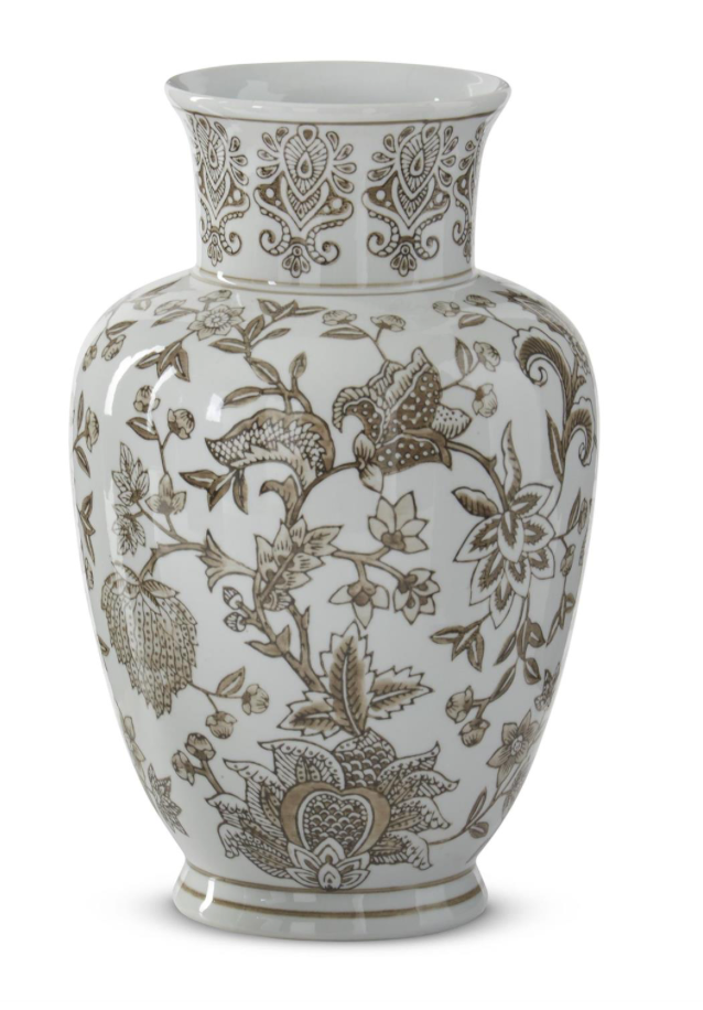 11.75" TAUPE & WHITE PORCELAIN CHINOISERIE VASE