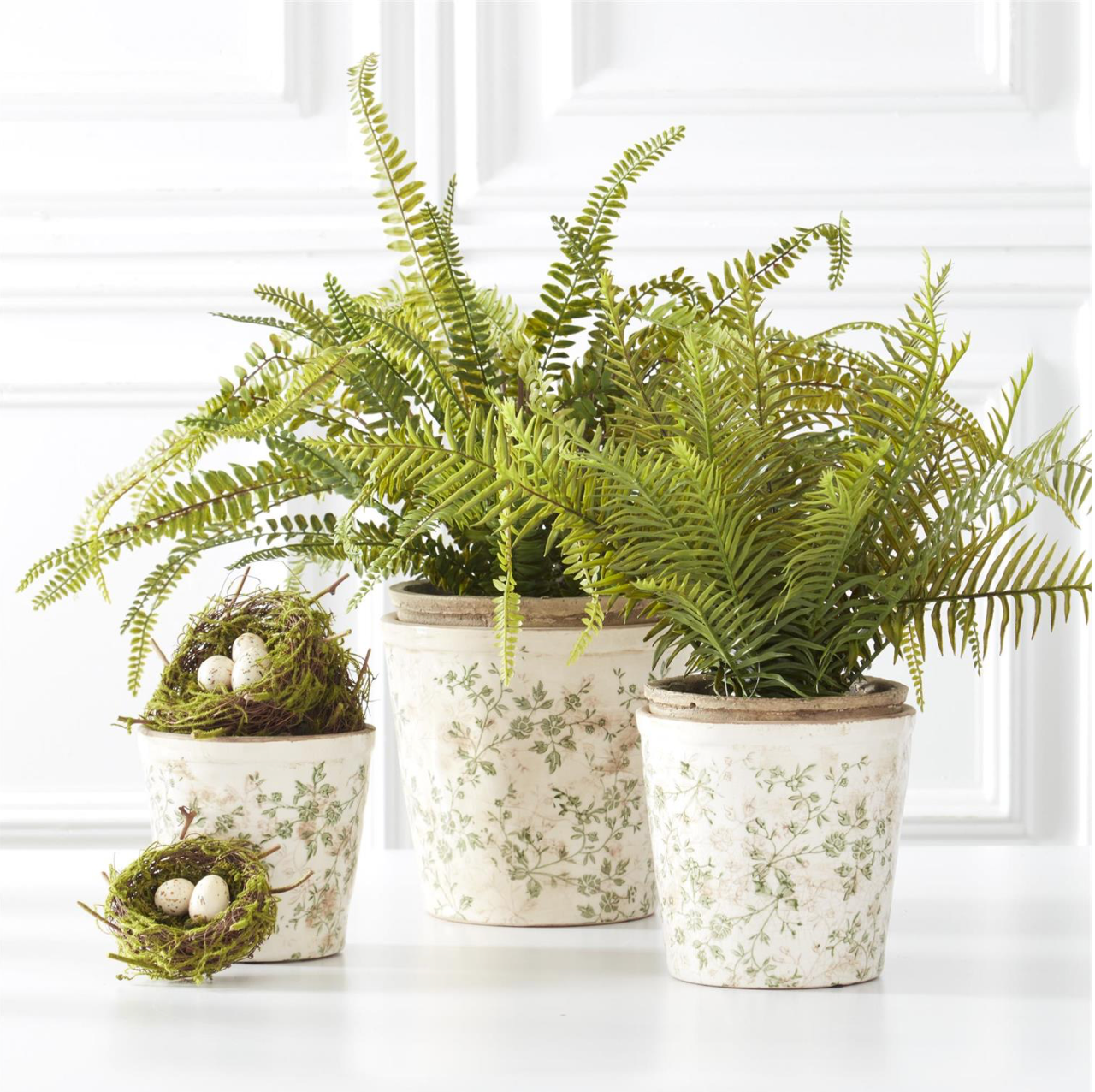 CREAM & GREEN FLORAL CERAMIC POTS