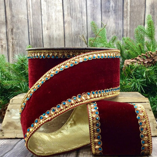 4" x 10yds Velvet Gold Teal Jewel Trim, Burgundy