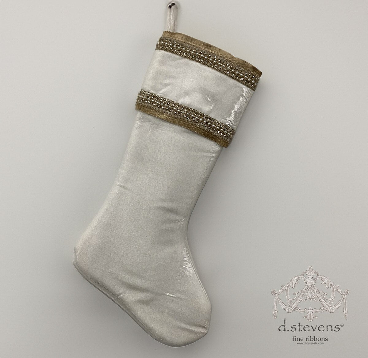 25" Velvet Stocking Fringe Jewel Pearl Trim, Winter White