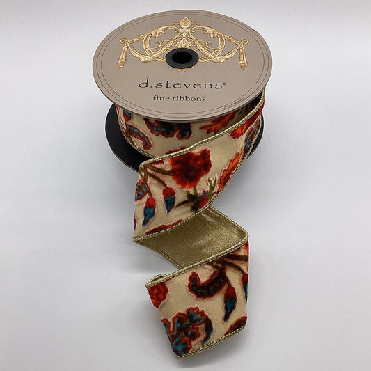 2.5" x 10yds burnt out velvet highgrove floral, cream blue orange