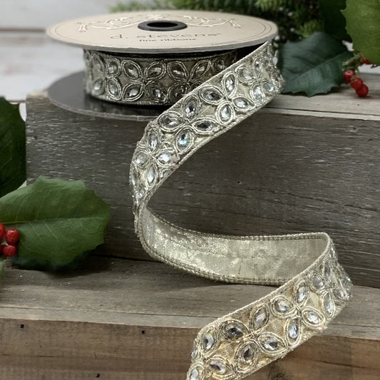 1" x 5yds faux metallic dupion jeweled flowers, platinum