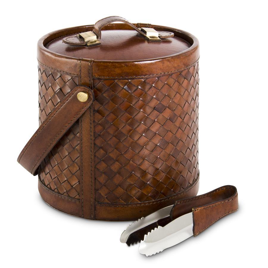 9" Brown Leather Basket Weave Ice Bucket w/Tongs