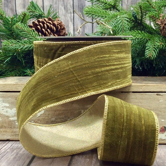 2.5" x 10yds velvet vintage chic gold back, moss