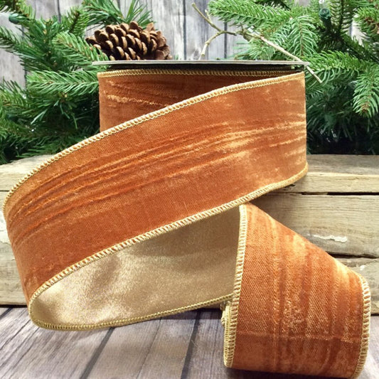 2.5" x 10yds velvet vintage chic gold back, persimmon