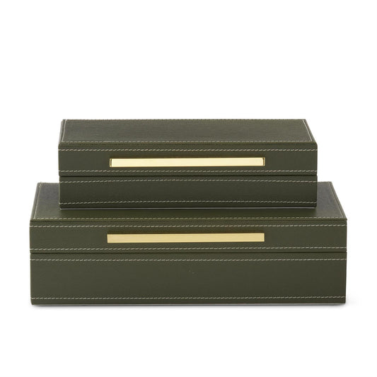 Green Vegan Leather Felt Lined Hinged Nesting Boxes w/Gold Hard
