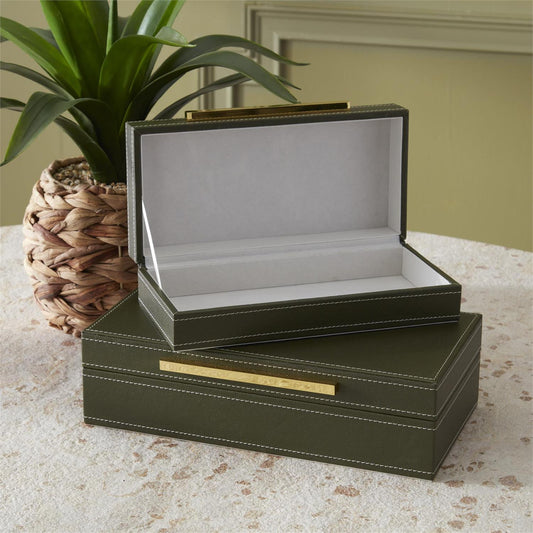 Green Vegan Leather Felt Lined Hinged Nesting Boxes w/Gold Hard