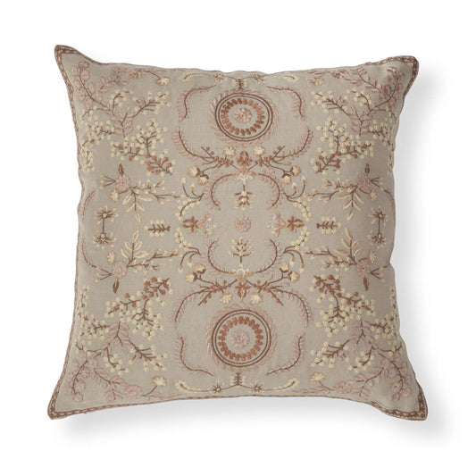 20" Taupe Linen & Brown Embroidered Floral Pillow w/Polly Fiber Fill