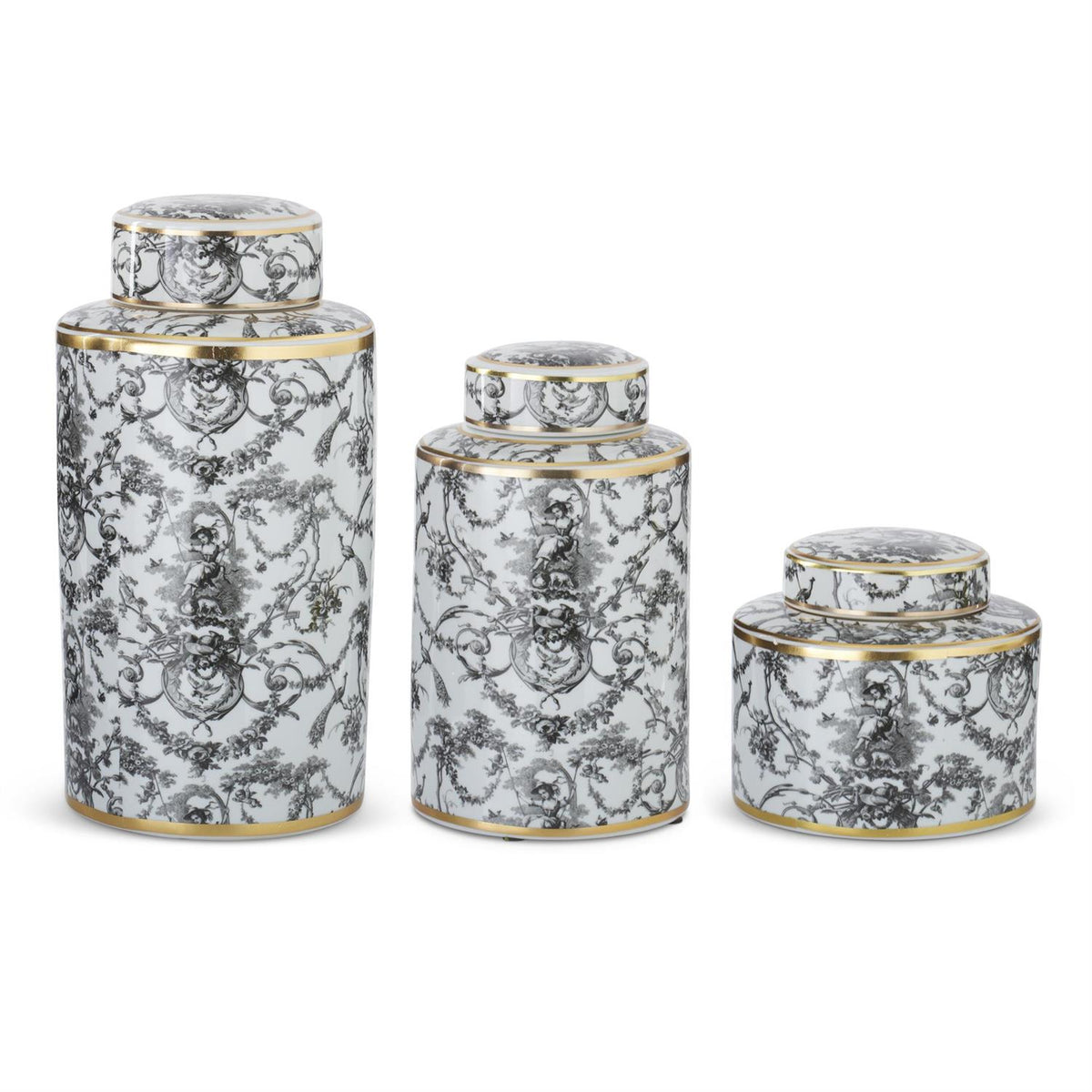 BLACK WHITE & GOLD SWINGING LADY GINGER JARS