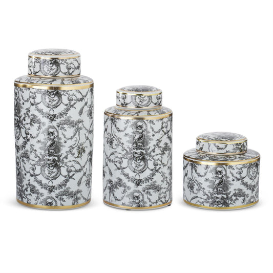 BLACK WHITE & GOLD SWINGING LADY GINGER JARS