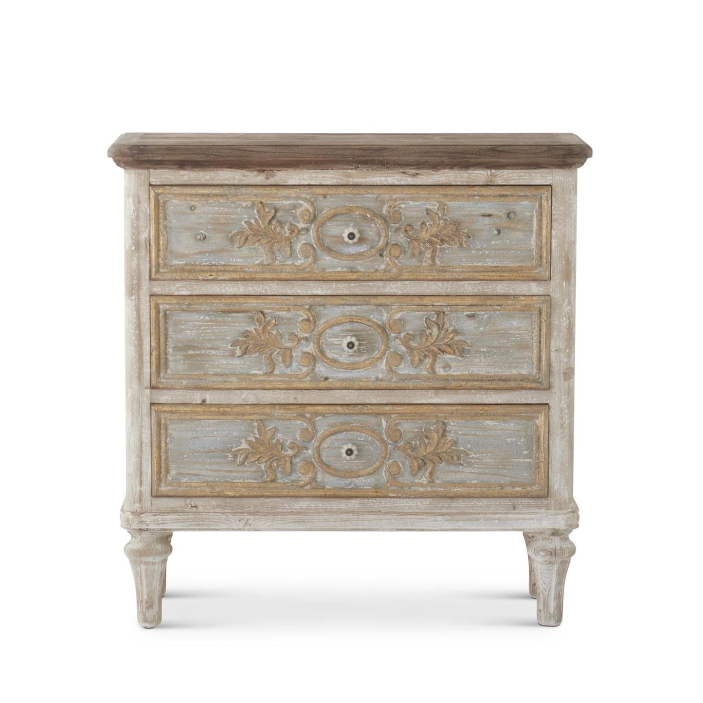 Weathered White Blue & Gold 3 Drawer Chest w/Glass Knobs