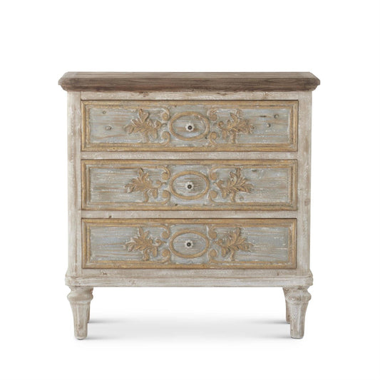 Weathered White Blue & Gold 3 Drawer Chest w/Glass Knobs