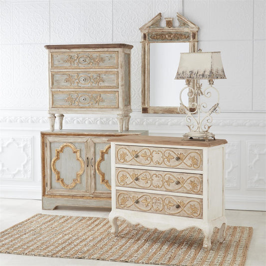 Weathered White Blue & Gold 3 Drawer Chest w/Glass Knobs