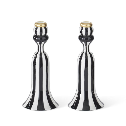 10" BLACK & WHITE STRIPED CERAMIC TAPER CANDLEHOLDER