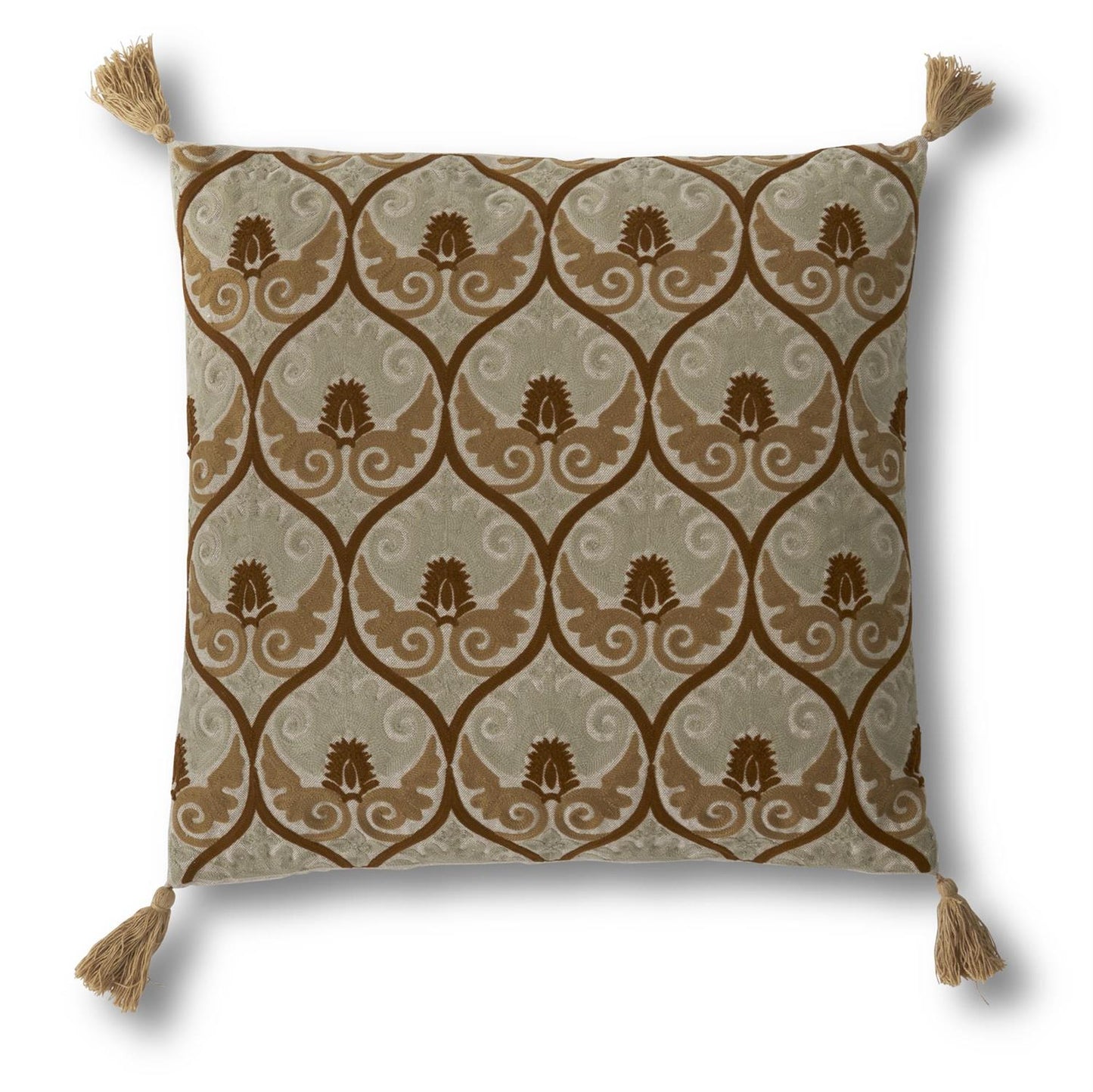 20" Square Tan & Mustard Crest Embroidered Pillow