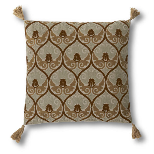 20" Square Tan & Mustard Crest Embroidered Pillow
