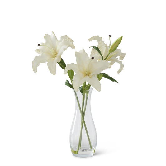 18.5" White Real Touch Lily w/3 Blooms & 2 Buds in Vase