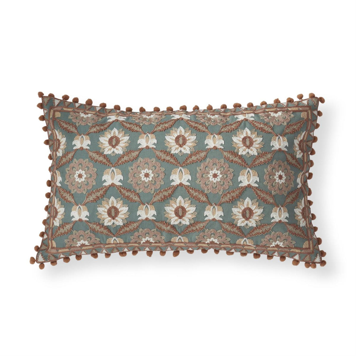 24" Teal & Pink Floral Embroidered Lumbar Pillow