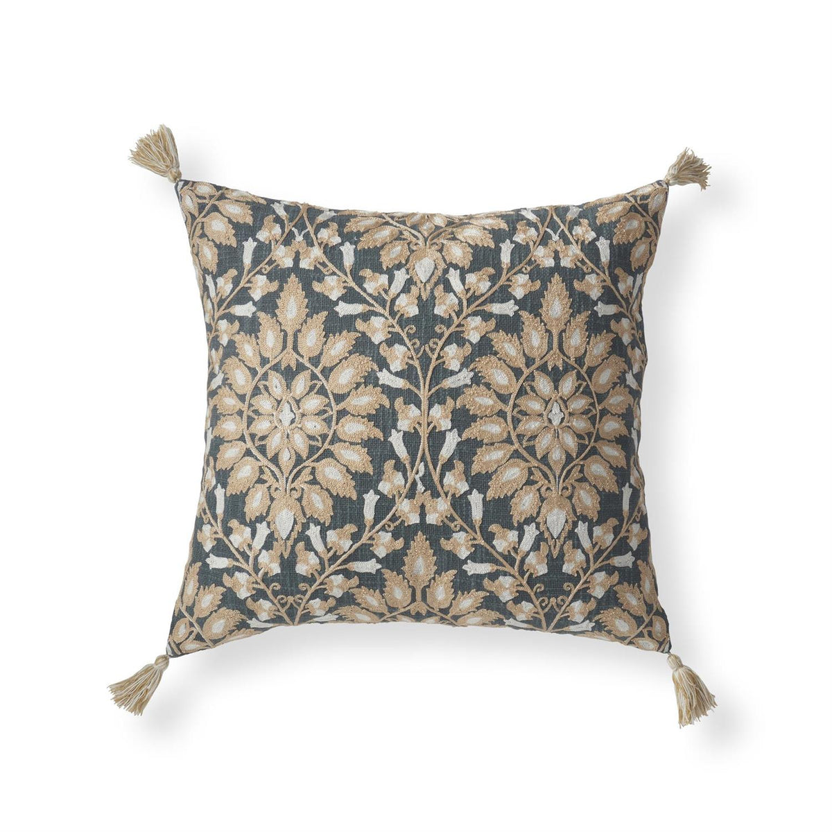 20" Blue & Taupe Floral Embroidered Square Pillow