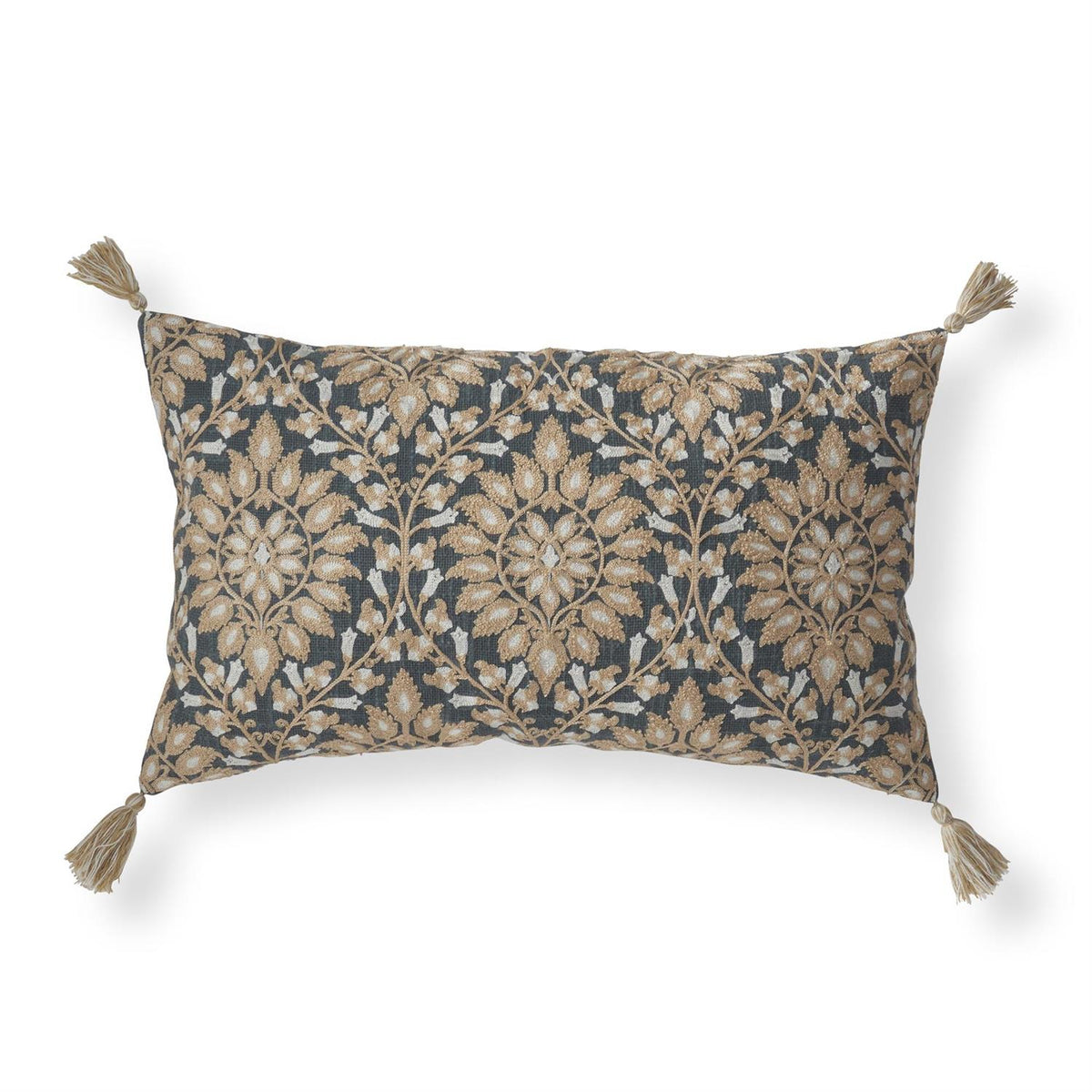 24" Blue & Taupe Floral Embroidered Lumbar Pillow