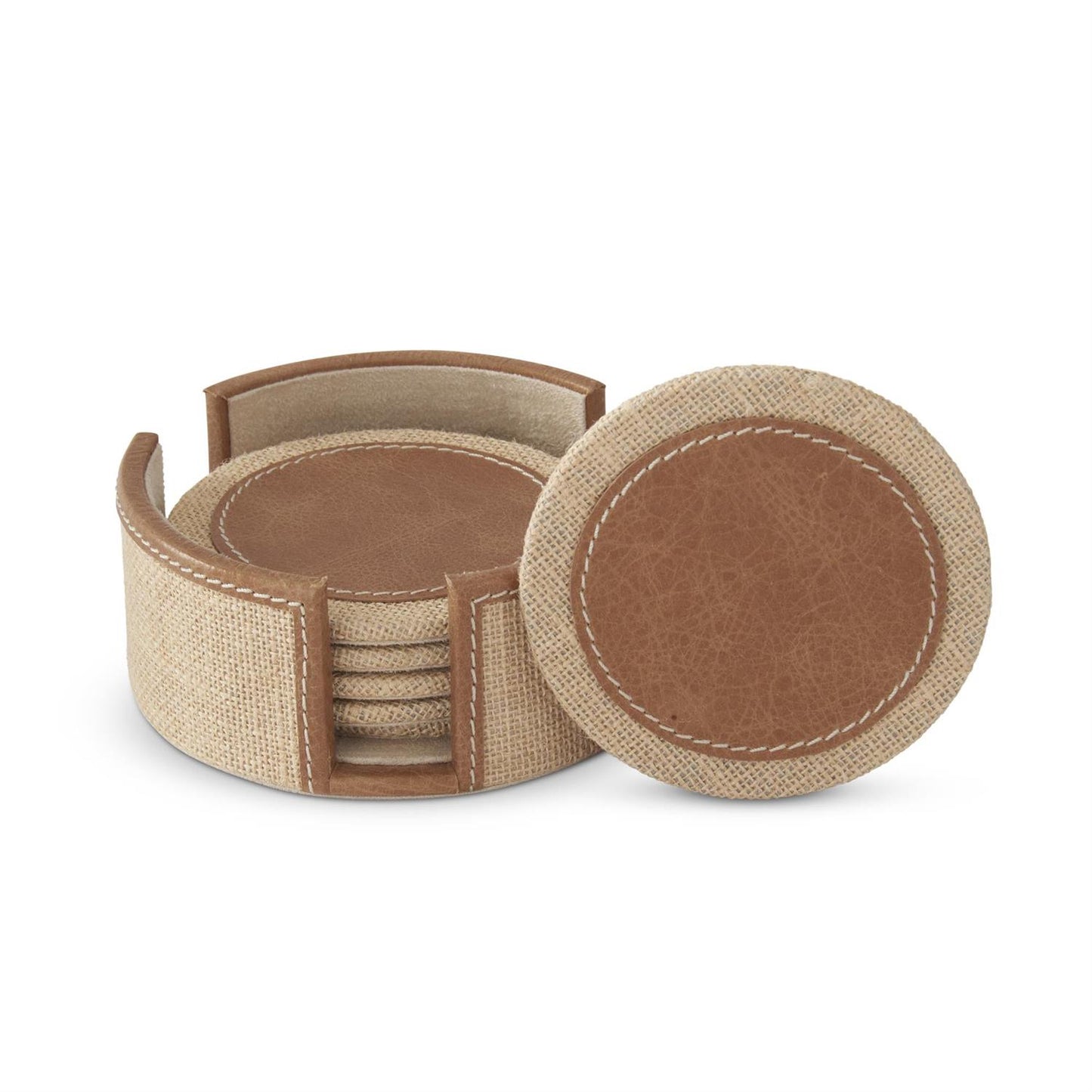 Tan Leather Jute Coasters & Holder S/6