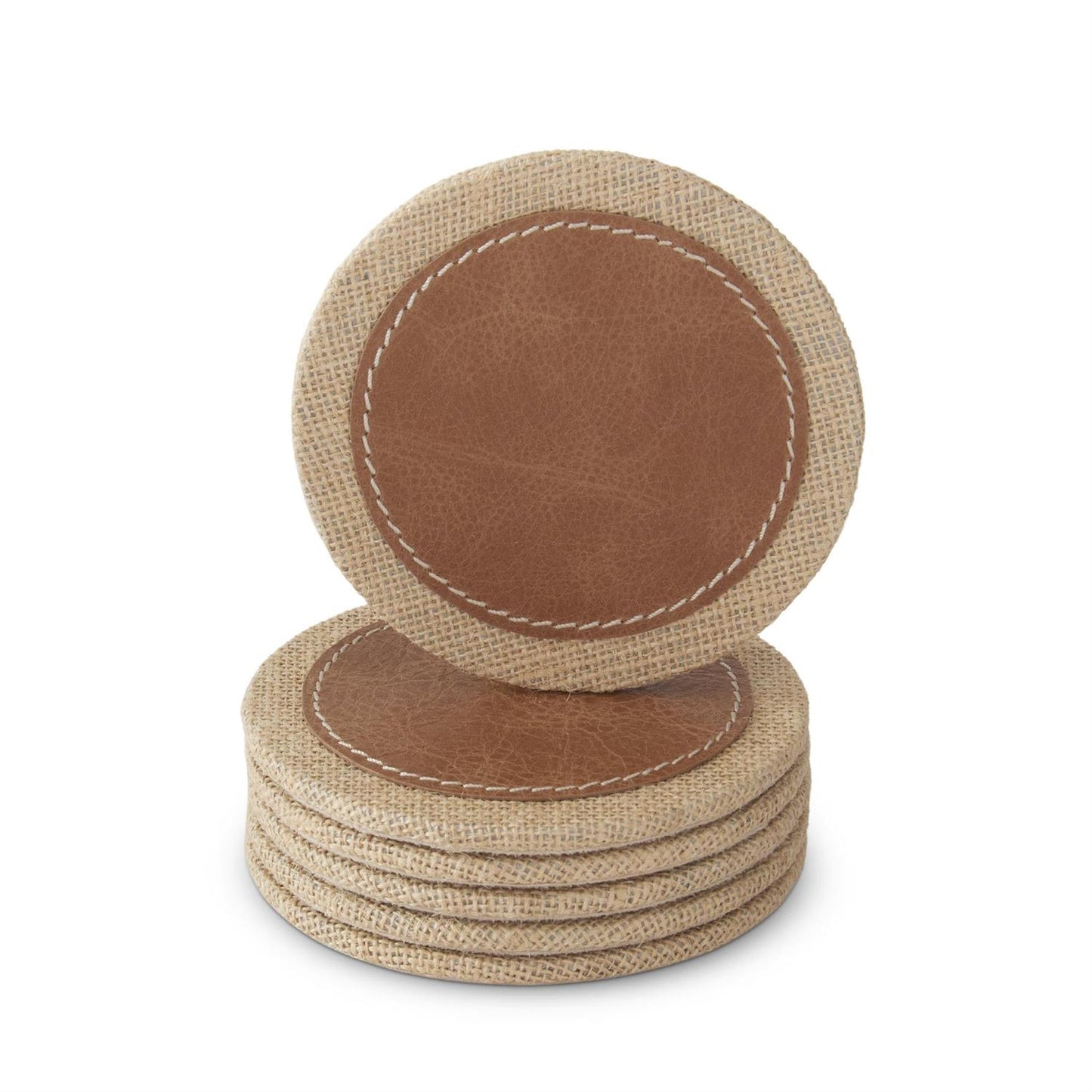 Tan Leather Jute Coasters & Holder S/6