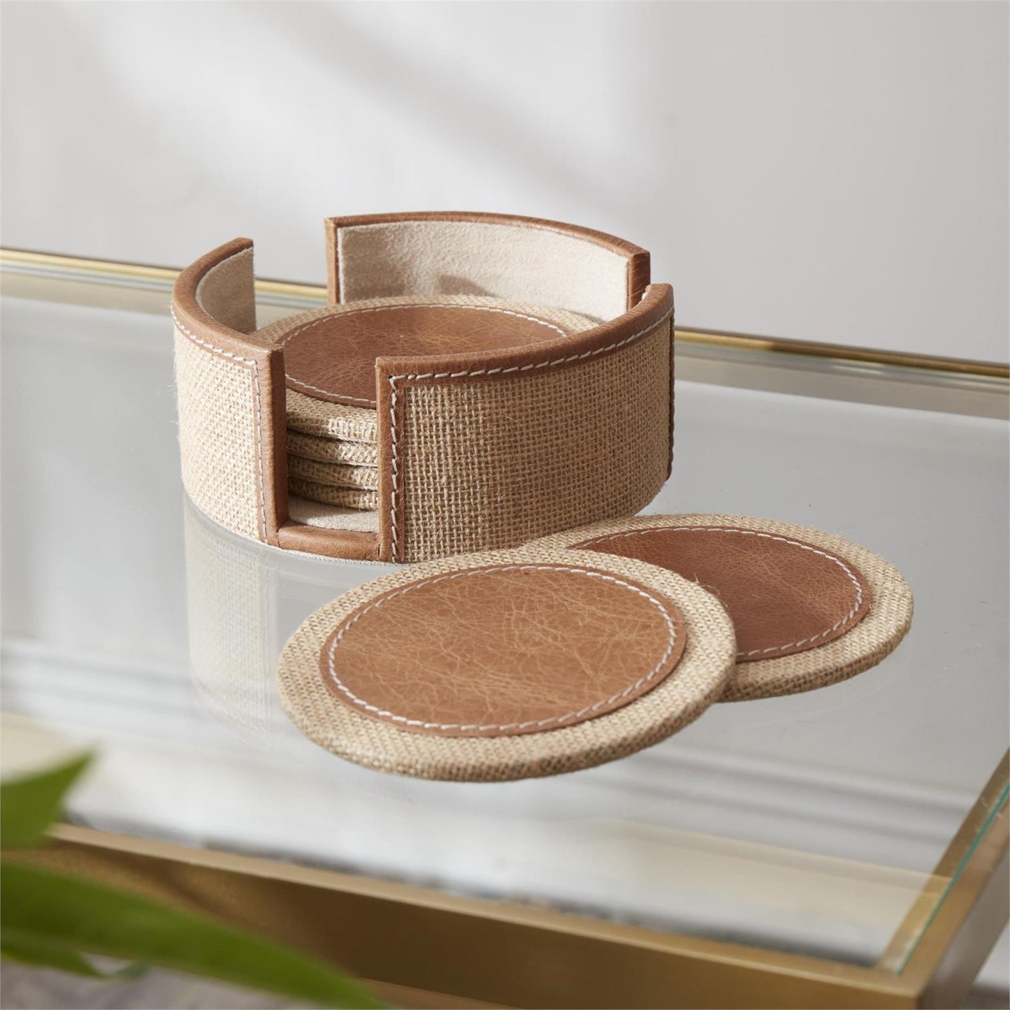 Tan Leather Jute Coasters & Holder S/6