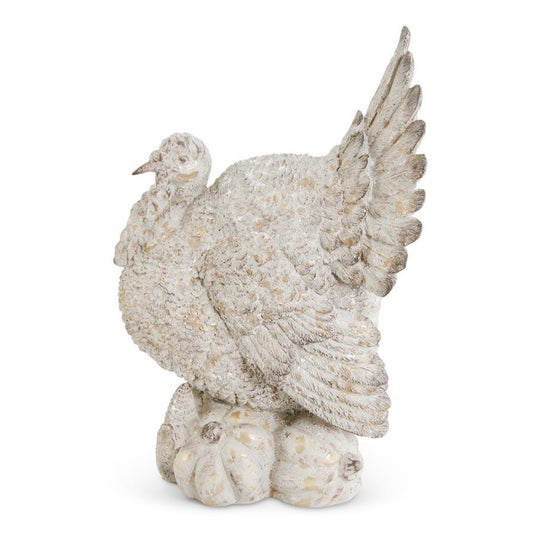 15.75" TAN DISTRESSED RESIN TURKEY ON PUMPKINS