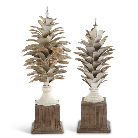 GOLD WHITEWASHED PINECONE FINIALS ON WOOD SQUARE BASE