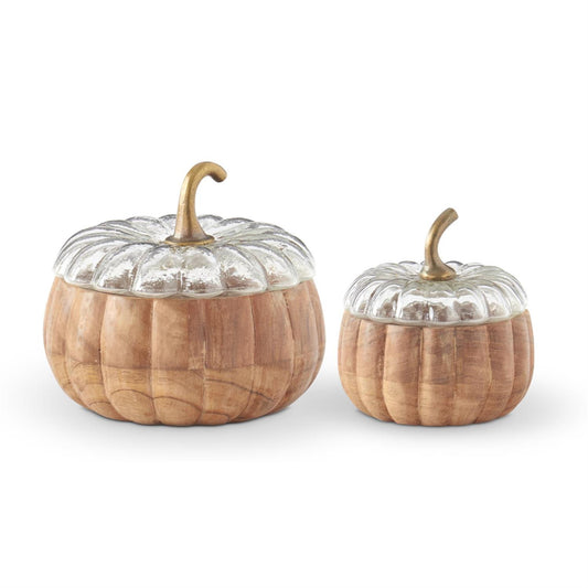 ACACIA WOOD PUMPKIN CONTAINERS W/GLASS LID