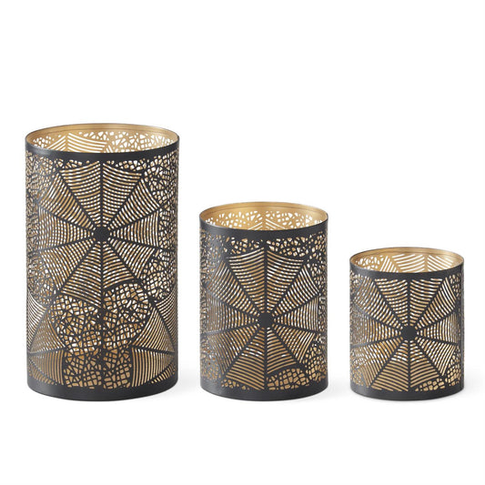 BLACK METAL SPIDER WEB CUTOUT CANDLEHOLDERS W/GOLD INTERIOR
