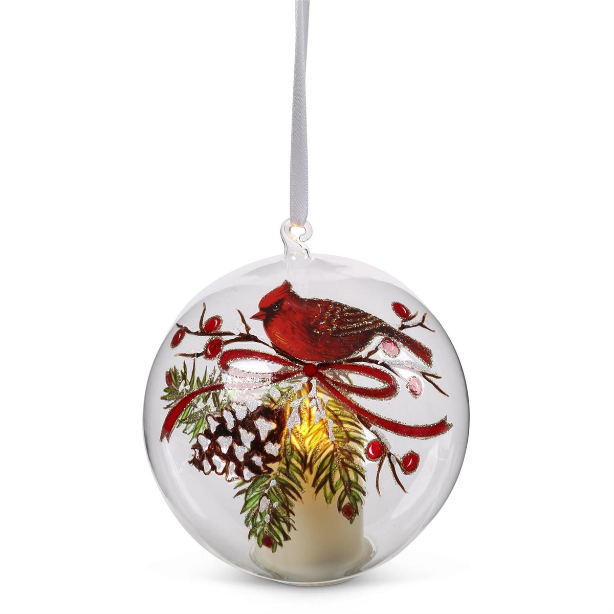 4.75" LED CLEAR GLASS CARDINAL & PINECONE ORNAMENT W/TIMER