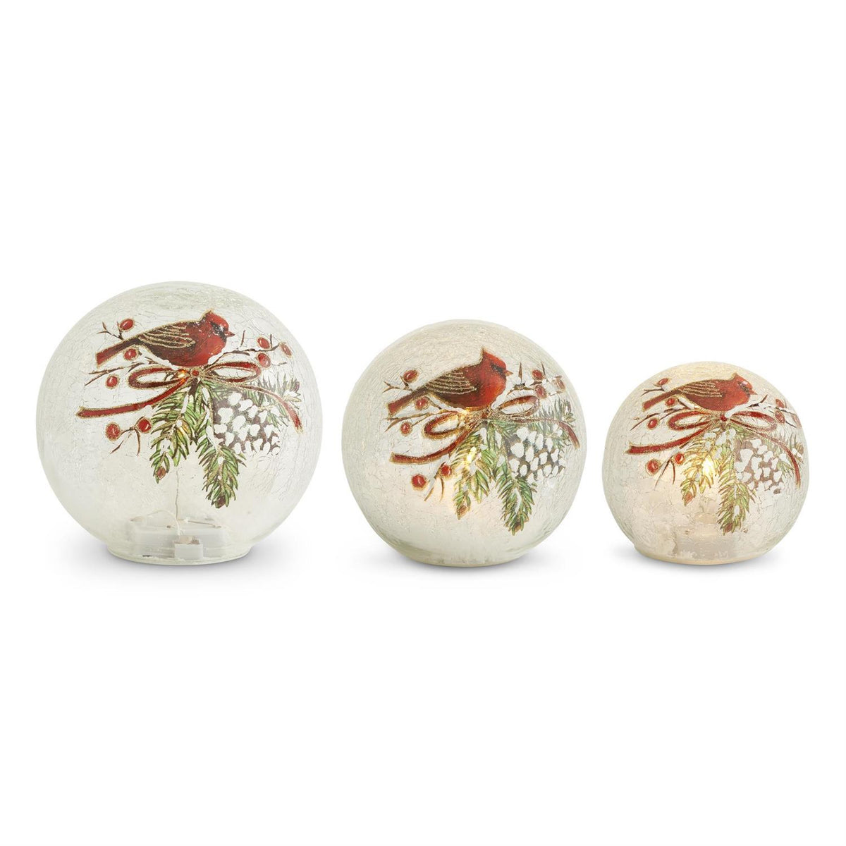 ROUND CLEAR GLASS LED CARDINAL & PINECONE GLOBES W/TIMERS