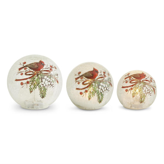 ROUND CLEAR GLASS LED CARDINAL & PINECONE GLOBES W/TIMERS