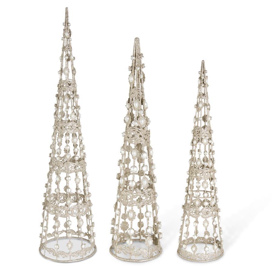 CHAMPAGNE FILIGREE WIRE CONE TREES W/PEARLS