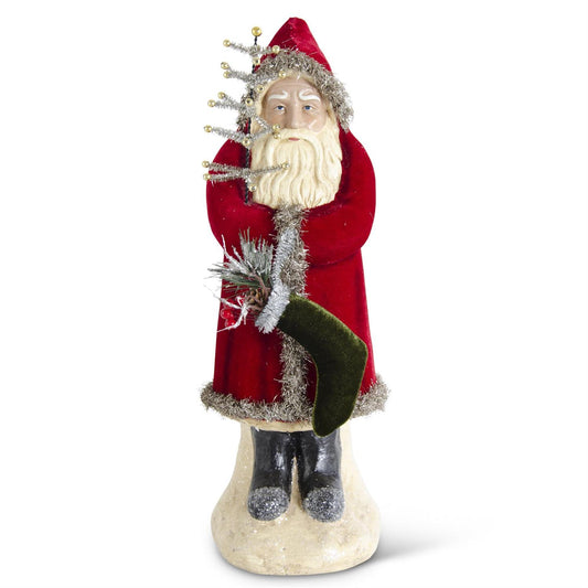 16.75 Inch Santa w/Dark Red Coat Holding Tree & Stocking