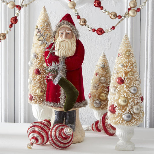 16.75 Inch Santa w/Dark Red Coat Holding Tree & Stocking